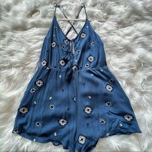 Lush Blue Embroidered Cross Back Tassel Romper